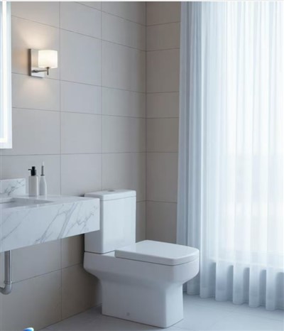 Ruudukujuline kaasaegne kahe loputusega valge tualettruum